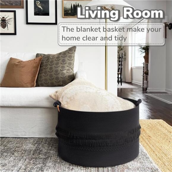 Extra Large Black Laundry Basket, Rope Storage Basket for Bathroom, Bedroom - Picture 10 of 16